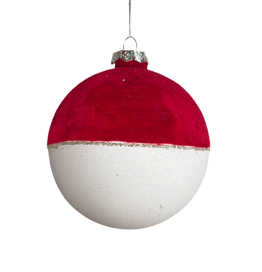Red and white flocked matte ornament, assorted design.