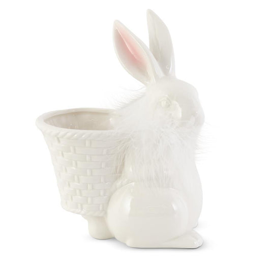 8" Feathered Bunny w/ Basket White Porcelain