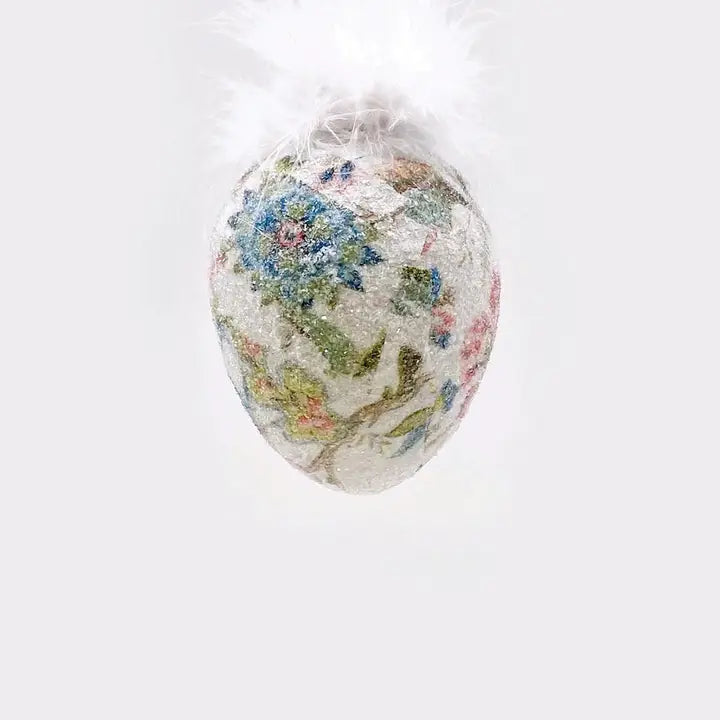 4" White Floral Egg Feathers Ornament