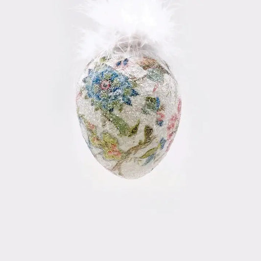 4" White Floral Egg Feathers Ornament
