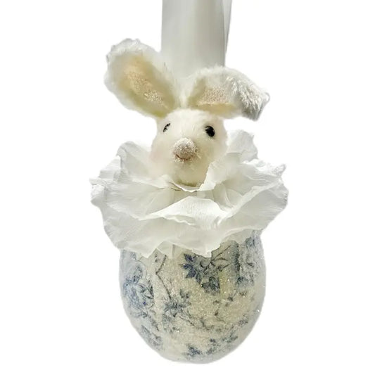 9" White Blue Bunny Egg Ornament