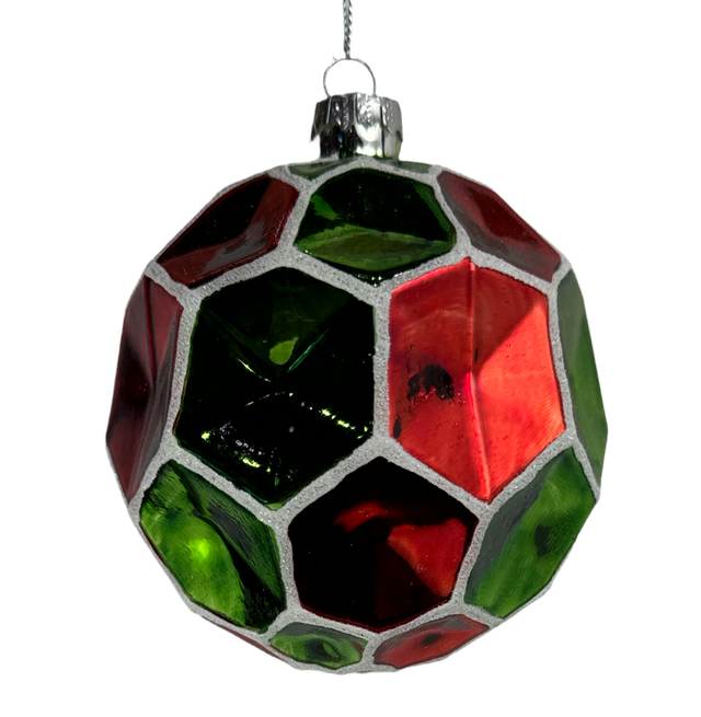 Heptagon glass ornament in red, green and white.