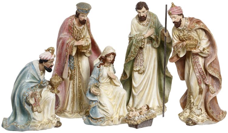 Colorful nativity set with six figurines.