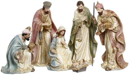 Colorful nativity set with six figurines.