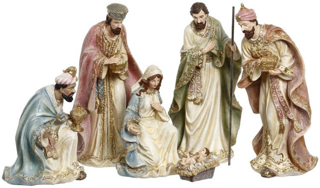 Colorful nativity set with six figurines.