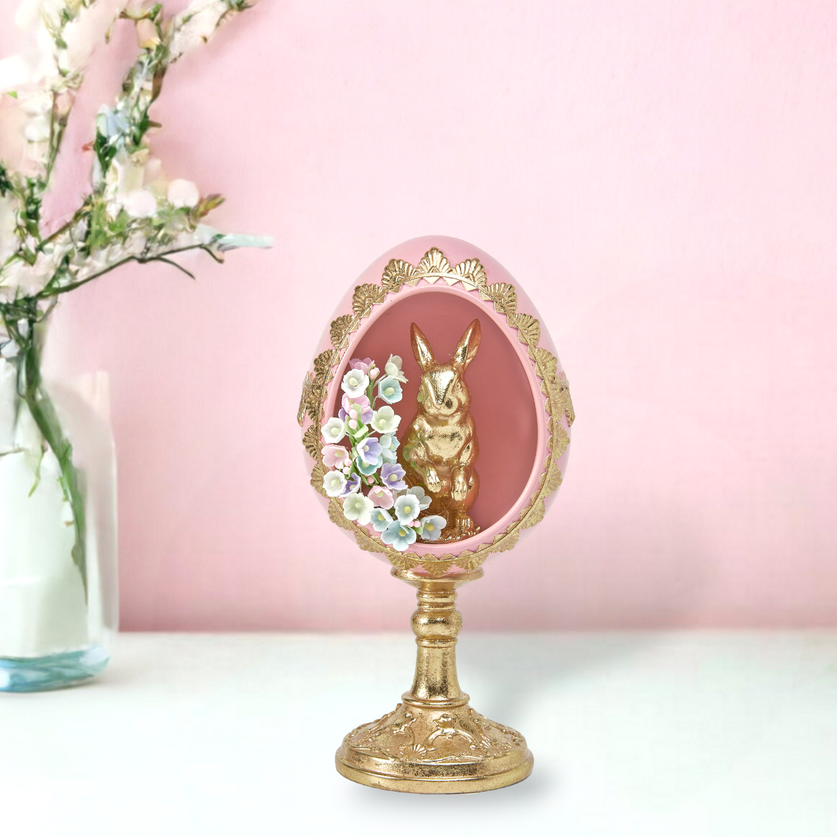 8" Pink Egg Gold Bunny Pedestal