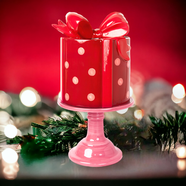 Red polka dot gift box cake stand.