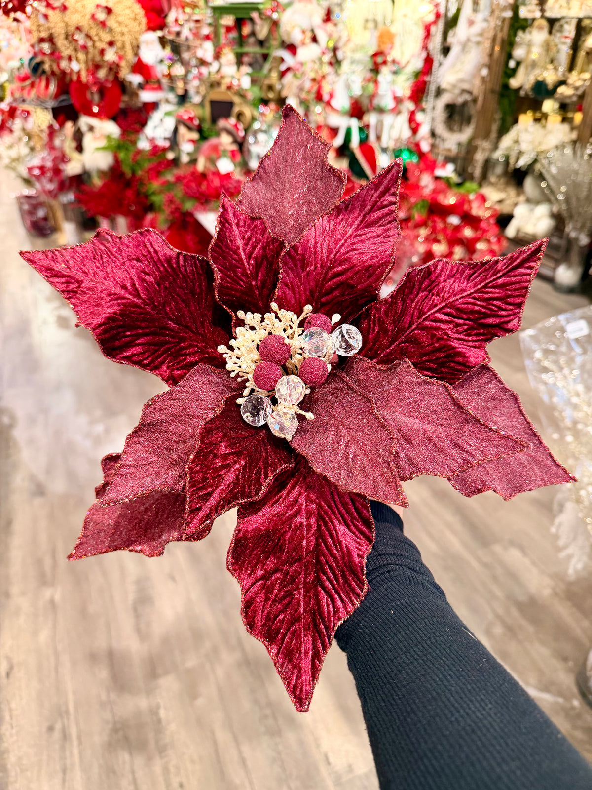 15" Burgundy Festive Poinsettia Stem