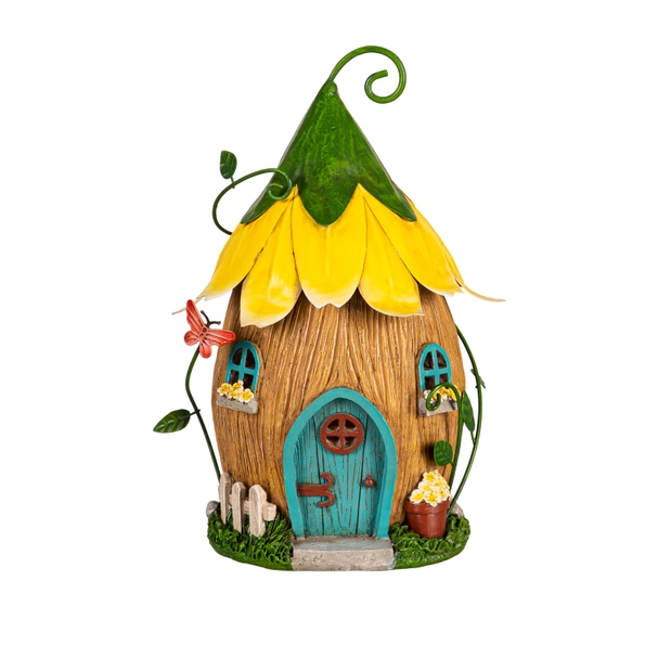 Yellow floral roof LED fairy house with lit windows.