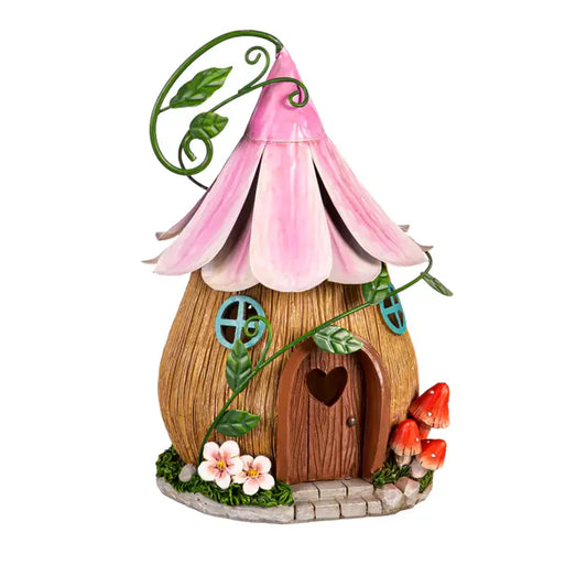 9.5" LED Fairy House Purple Floral Roof