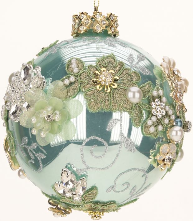 Green jeweled ball ornament for holiday decorating