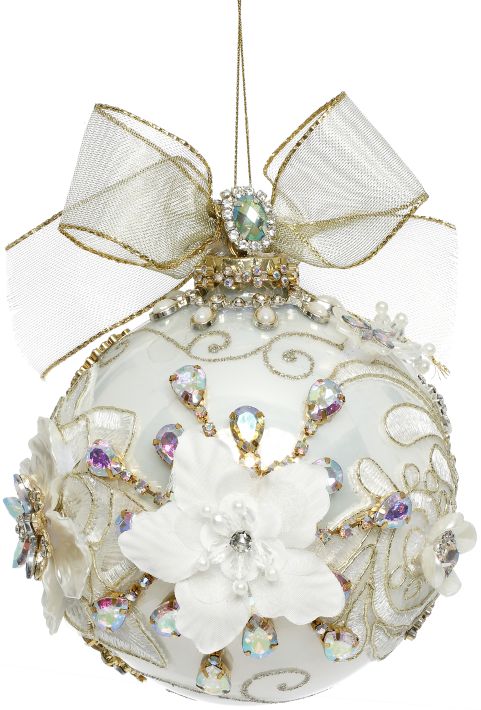 Pearl ball ornament with jeweled detail.