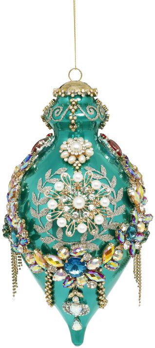 Teal finial ornament with jeweled detail.