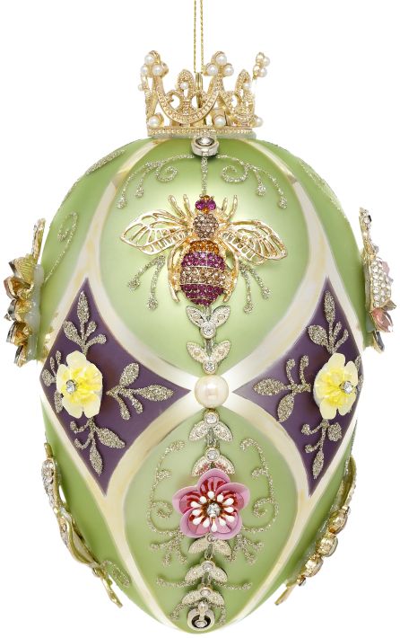 7" Faberge Jewel Egg Ornament Green Purple Dragonfly Swan