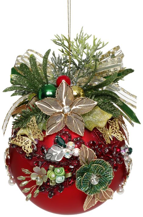 6" Red Jeweled Glass Ball Ornament