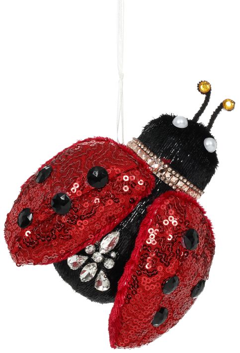 Red sequin lady bug ornament with a sparkling finish.