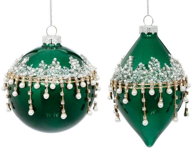 Green pearl gem glass ornament with jeweled detail.