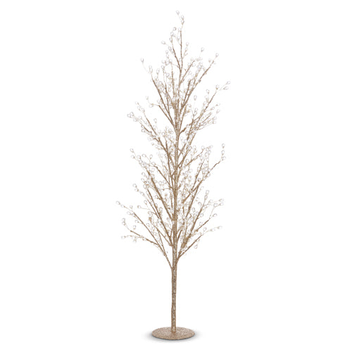 Champagne glitter twig tree with clear crystal buds on a round base.