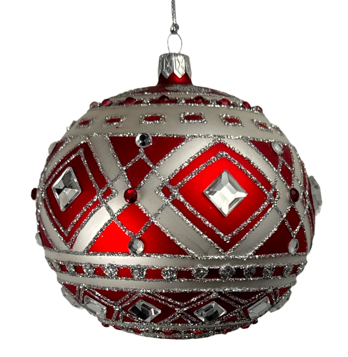 Red and silver jeweled lattice ball ornament.