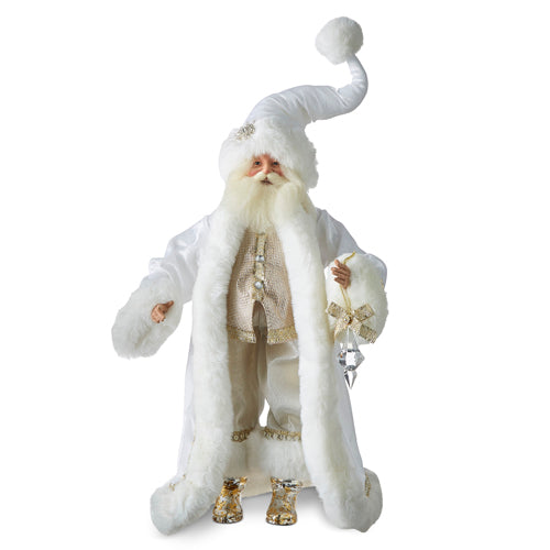Santa figurine in a glistening white suit with sparkle.