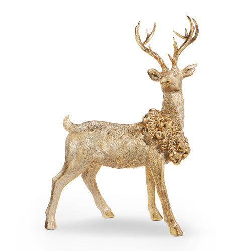 Gold deer figurine standing with a wreath.