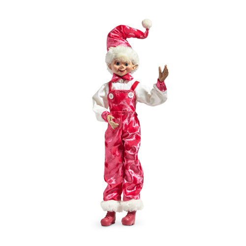 Pink velvet posable elf figurine in overalls.