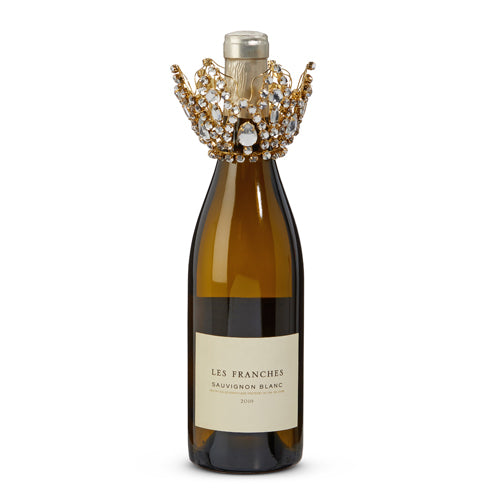 Gold jeweled crown for a wine bottle with regal detail.