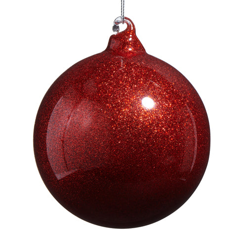 Red glitter glass ball ornament with an all-over sparkle.