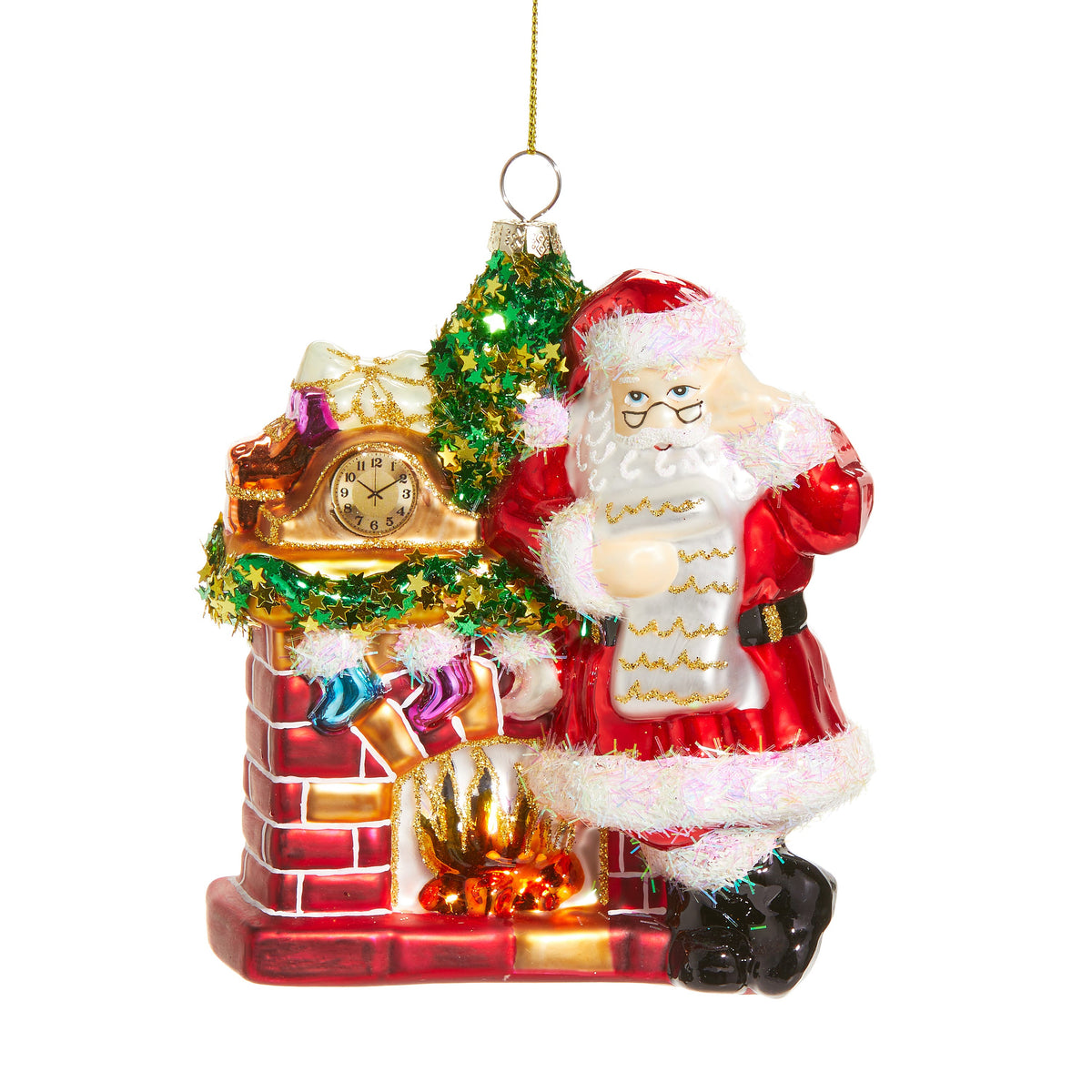 5” Santa Fireplace Glass House Ornament