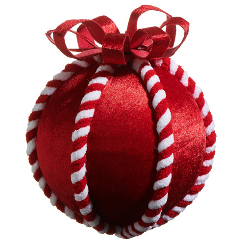 Red velvet peppermint ball ornament with a plush finish.