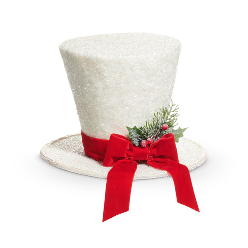 10" Top Hat Glitter White w/ Red Bow