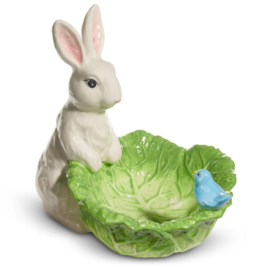 9" Green Cabbage Bowl Bunny & Bird