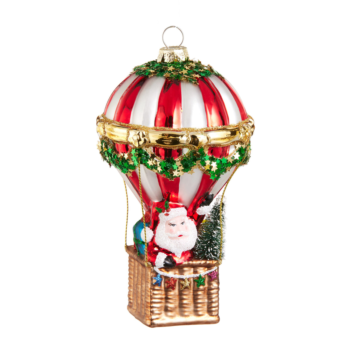 Red and white glass hot air balloon ornament with Santa riding in the basket.