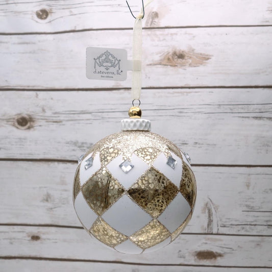 White gold checker gem glass ornament with a checkerboard pattern.
