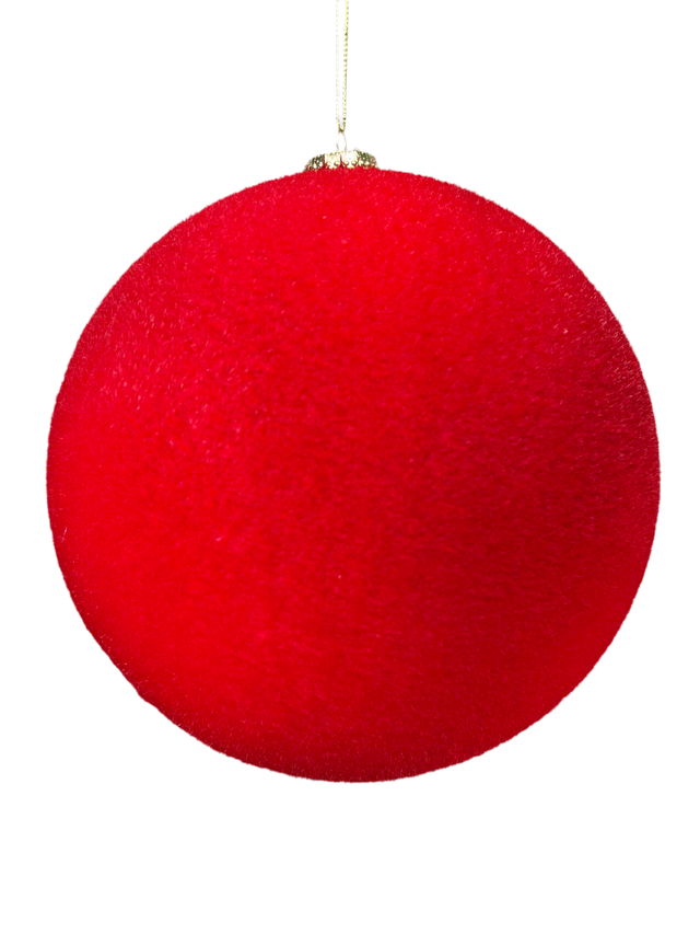 Red flocked ball ornament with a soft velvety finish, 8 inch.