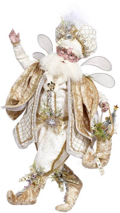 Ivory and gold White Christmas fairy figurine holding a stocking of gifts.