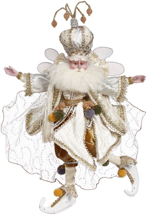 Bearded fairy figurine in ivory and gold with a tall jeweled crown and a sheer sequined cape.