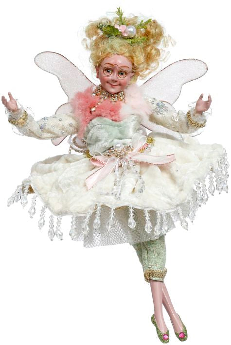 White snow queen fairy figurine with crystal drops and a fur collar.