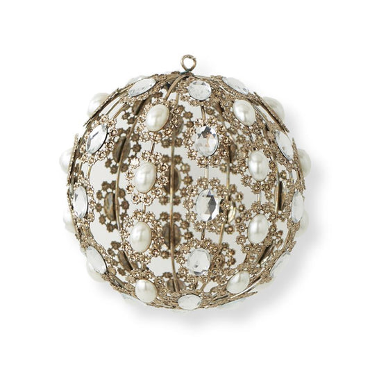4" Antique Gold Pearl Gem Wire Ball Ornament