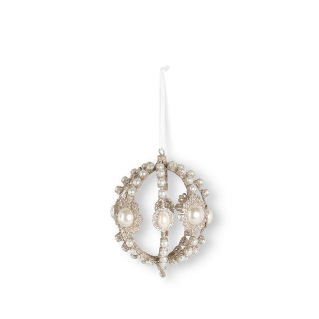 Pearl filigree champagne ornament with lace-like detail.