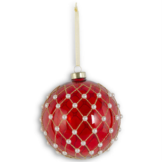 5" Red Pearl Gold Glitter Glass Ball Ornament