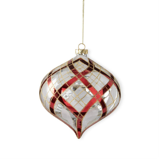 Clear red and gold onion glass ornament with banded colors.