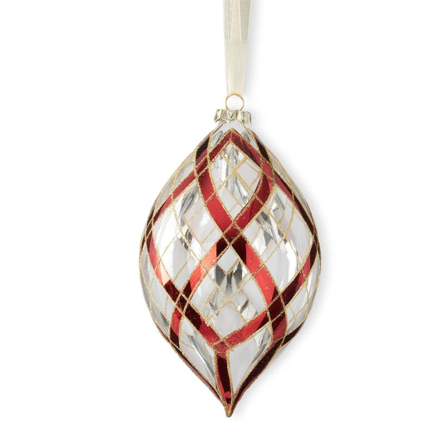 Clear red and gold glass finial ornament with a turned shape.
