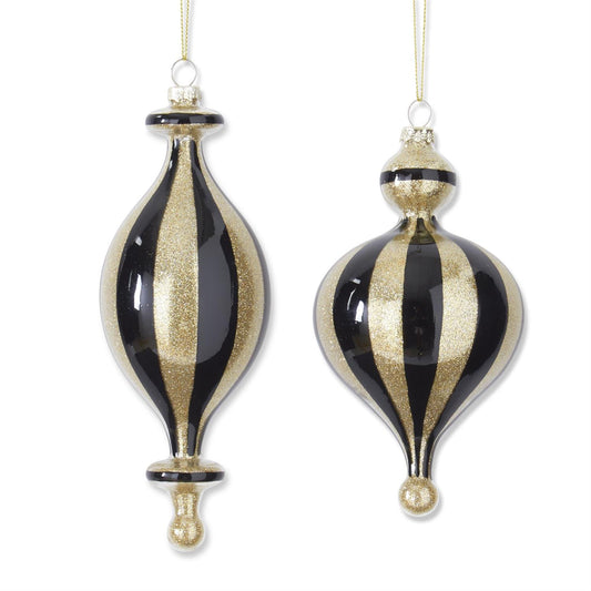 Black and gold glitter finial ornament with stripes, 7 inches