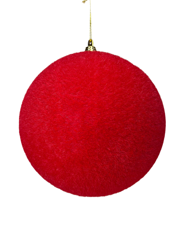 Red flocked ball ornament with a soft velvety finish.