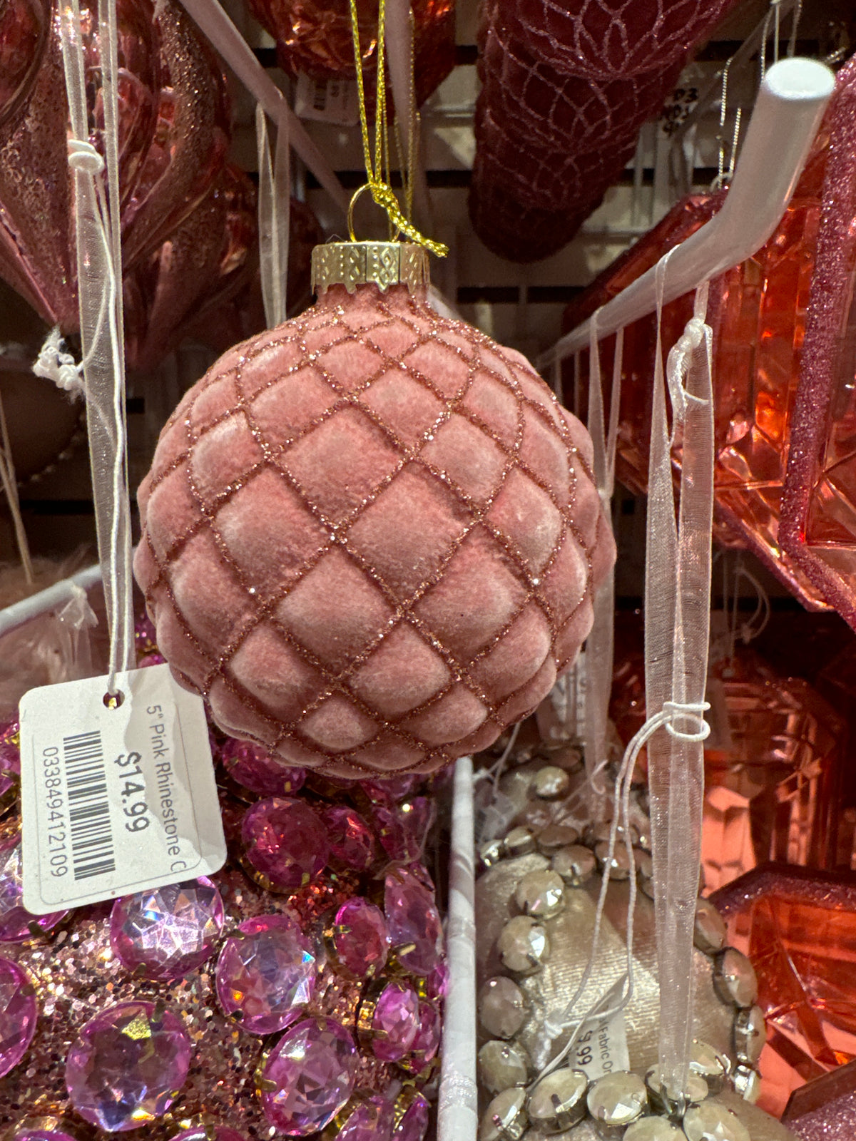 Red pink ball ornament with felt harlequin ball red/burgundy/pink detail Detail view.