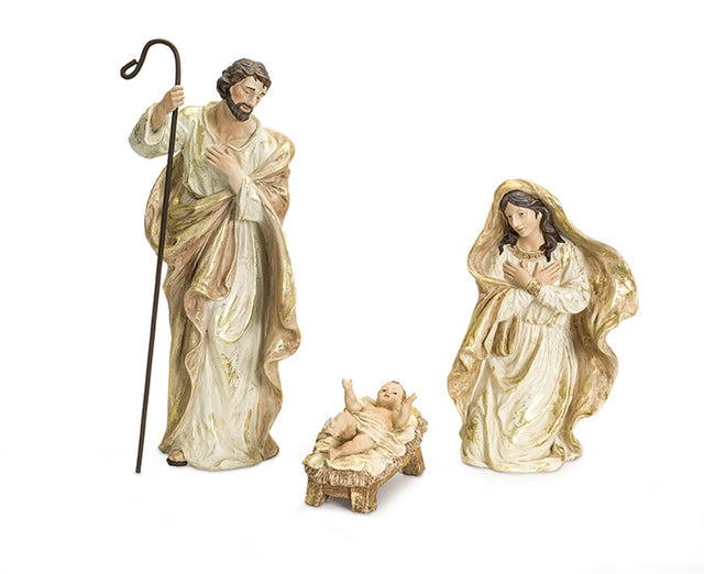 Gold Holy Family nativity set with three figures.