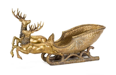 Gold deer sleigh figurine with a sculptural finish.