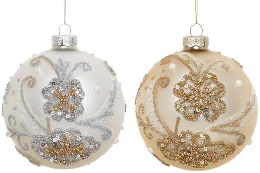 Champagne and ivory glass ornaments in a set of six.