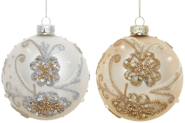 Champagne and ivory glass ornaments in a set of six.